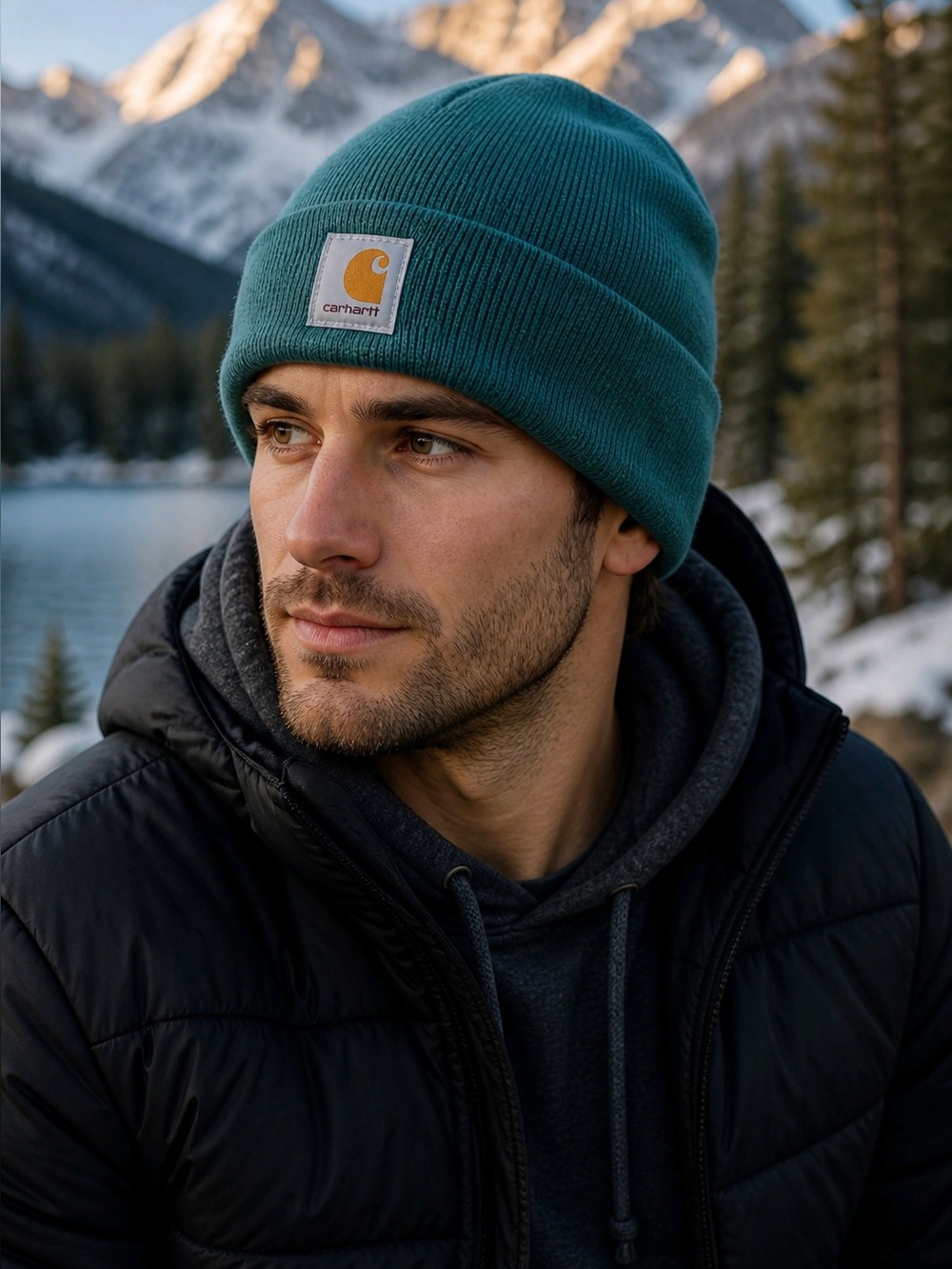 Carhartt Knit Green Beanie Hat Cuffed winter Logo Patch Cap